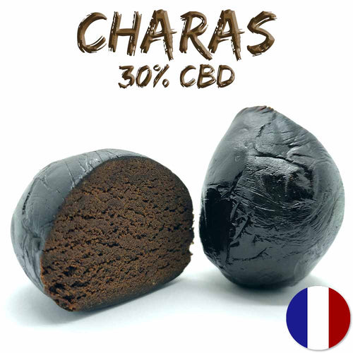 Résine de CBD Charas France boules noires coupées Les Frères CBD
